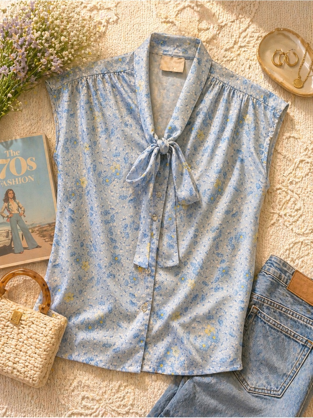 Vintage 70s Blue Floral Tie-Neck Blouse | Cottagecore Secretary Top